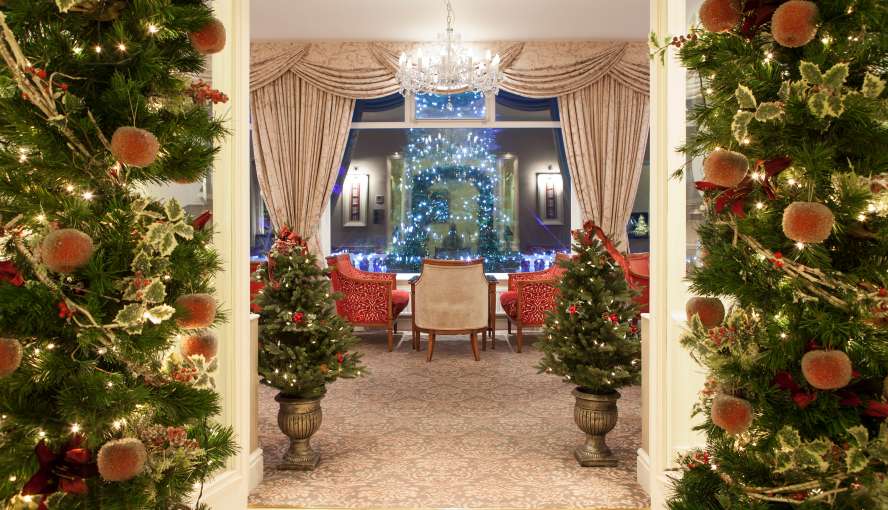 View of the lounge at The Royal Duchy decorated for Christmas
