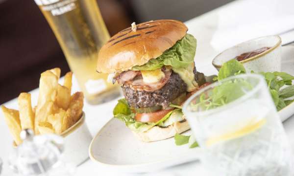 Royal Duchy Hotel Restaurant Dining Burger and Chips with a Pint of Beer