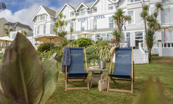 Royal Duchy Hotel External View with Deck Chairs and Wine