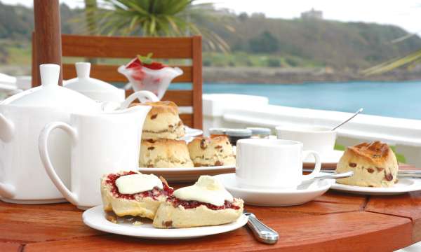 Cornish cream tea on terrace of The Royal Duchy Hotel