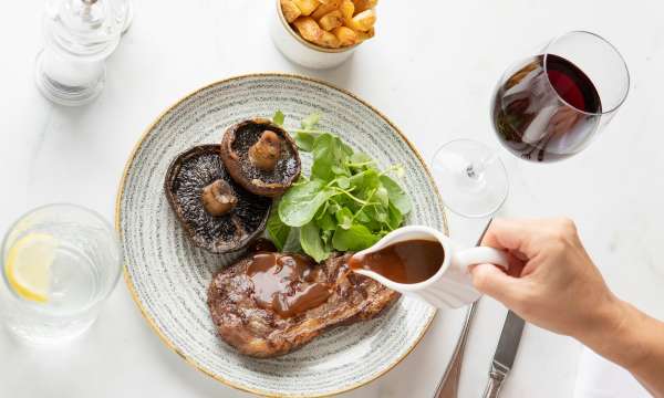 Steak meal with glass of red wine