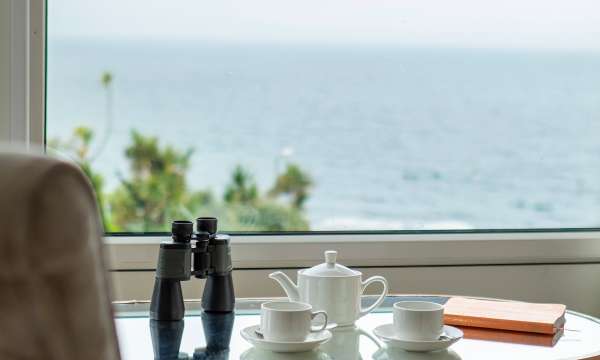 Binoculars and teapot set in front of hotel room with stunning sea view of Falmouth bay