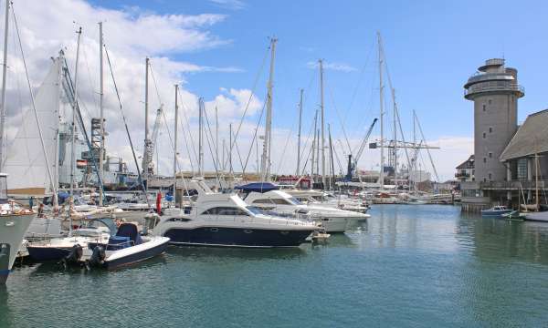 View of boats moored at Falmouth harbour