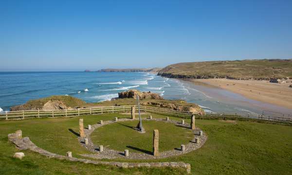 View of Perranporth beach with a sundial in the foreground