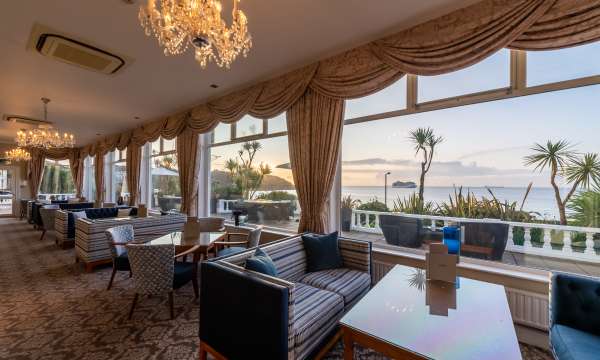Sunrise and cruise ship from the terrace lounge of the Royal duchy hotel