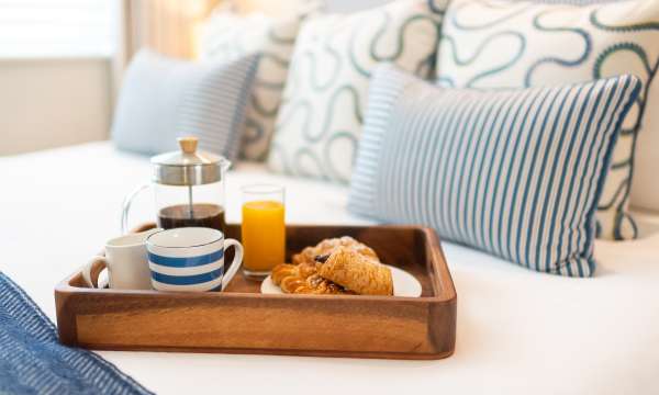 Tray on bed at The Royal Duchy Hotel