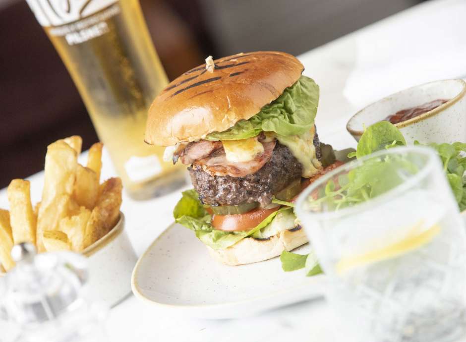 Royal Duchy Hotel Restaurant Dining Burger and Chips with a Pint of Beer