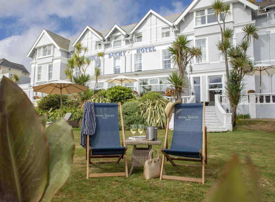 Royal Duchy Hotel External View with Deck Chairs and Wine