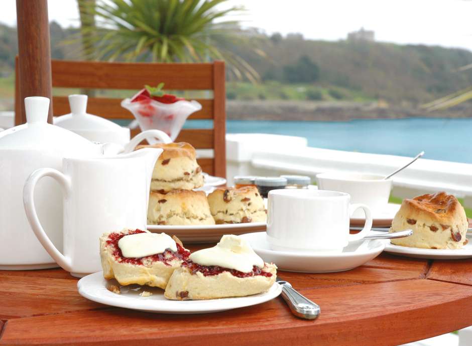 Cornish cream tea on terrace of The Royal Duchy Hotel