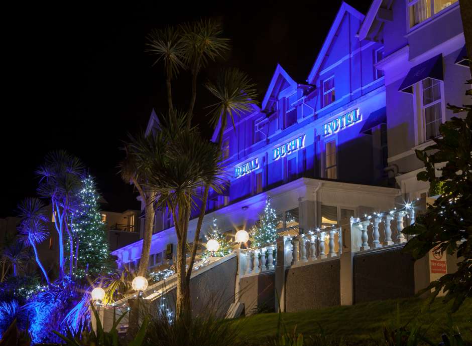 Night time picture of The Royal Duchy Hotel at Christmas