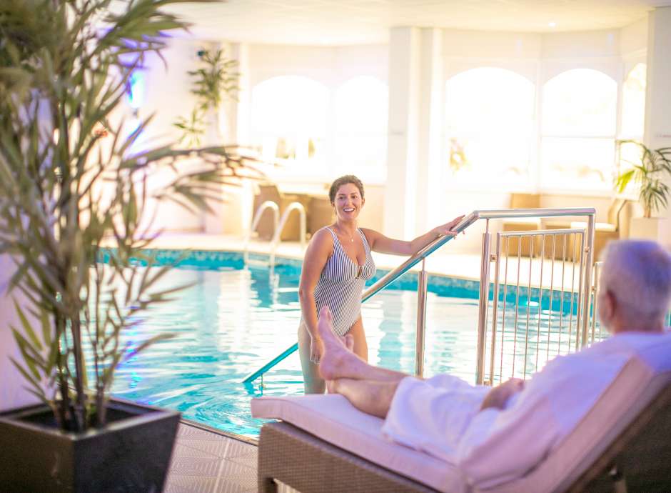 Guest in swimming pool at the Royal Duchy Hotel