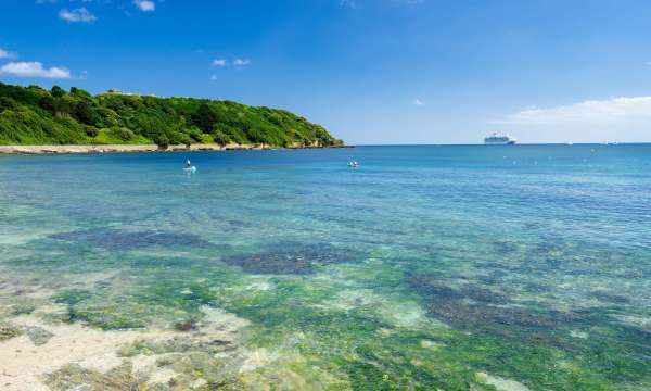 Pendennis Point from Castle Beach Cornwall with Cruise Ship in the Distance