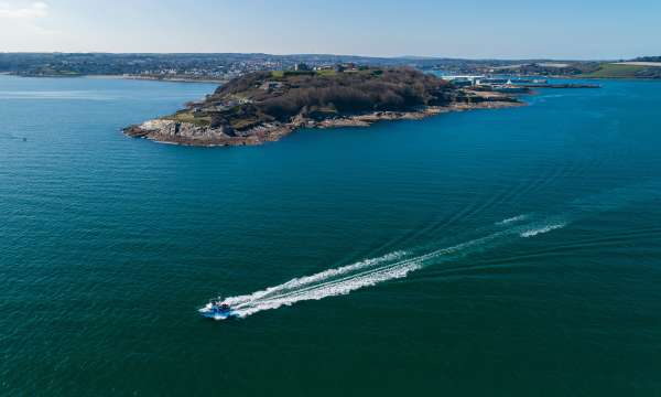 Aerial view of boat on a wildlife cruise in Cornwall