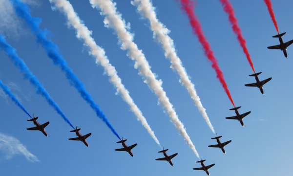 Armed forces air display of planes flying overhead